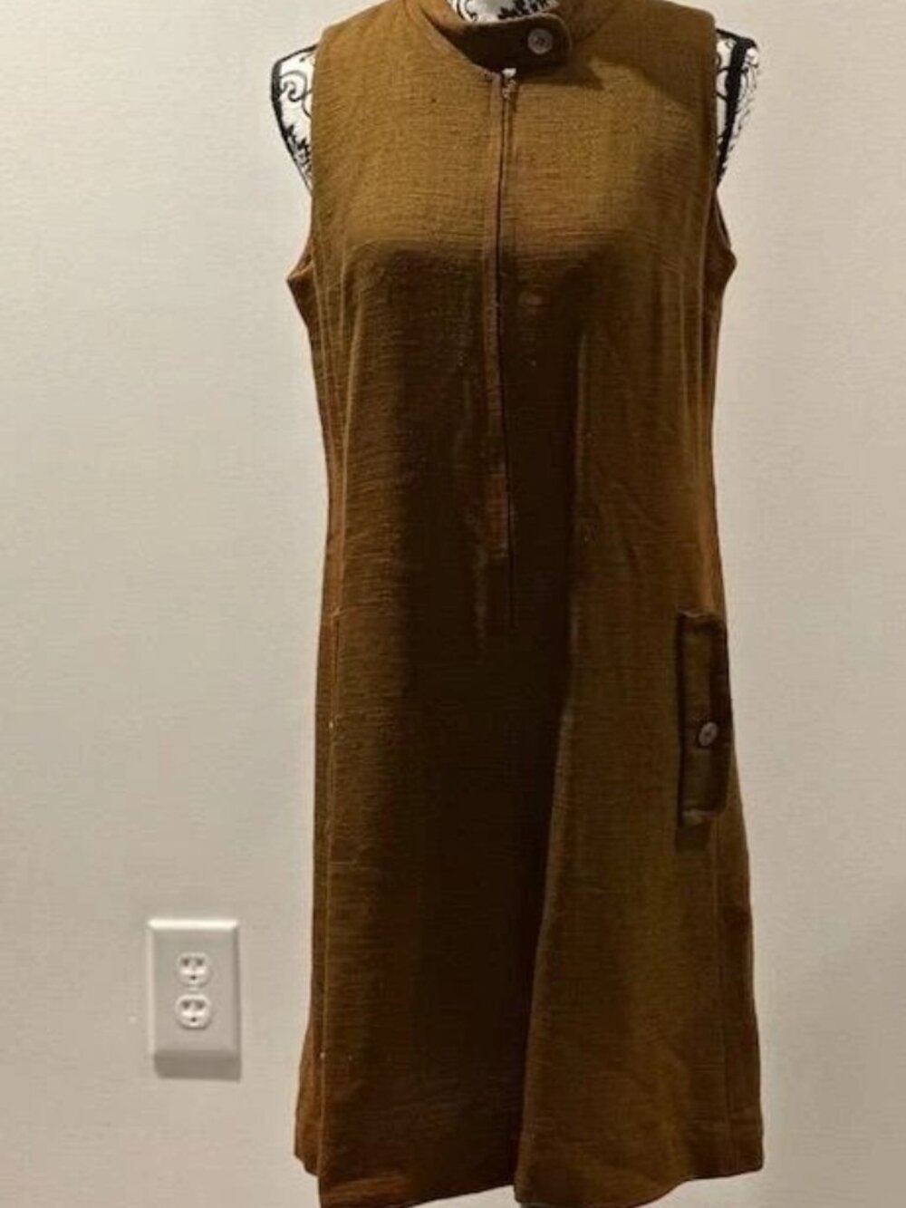 * Vintage LoomTogs Chocolate Front Zip Sleeveless Linen Dress Sz 13/14